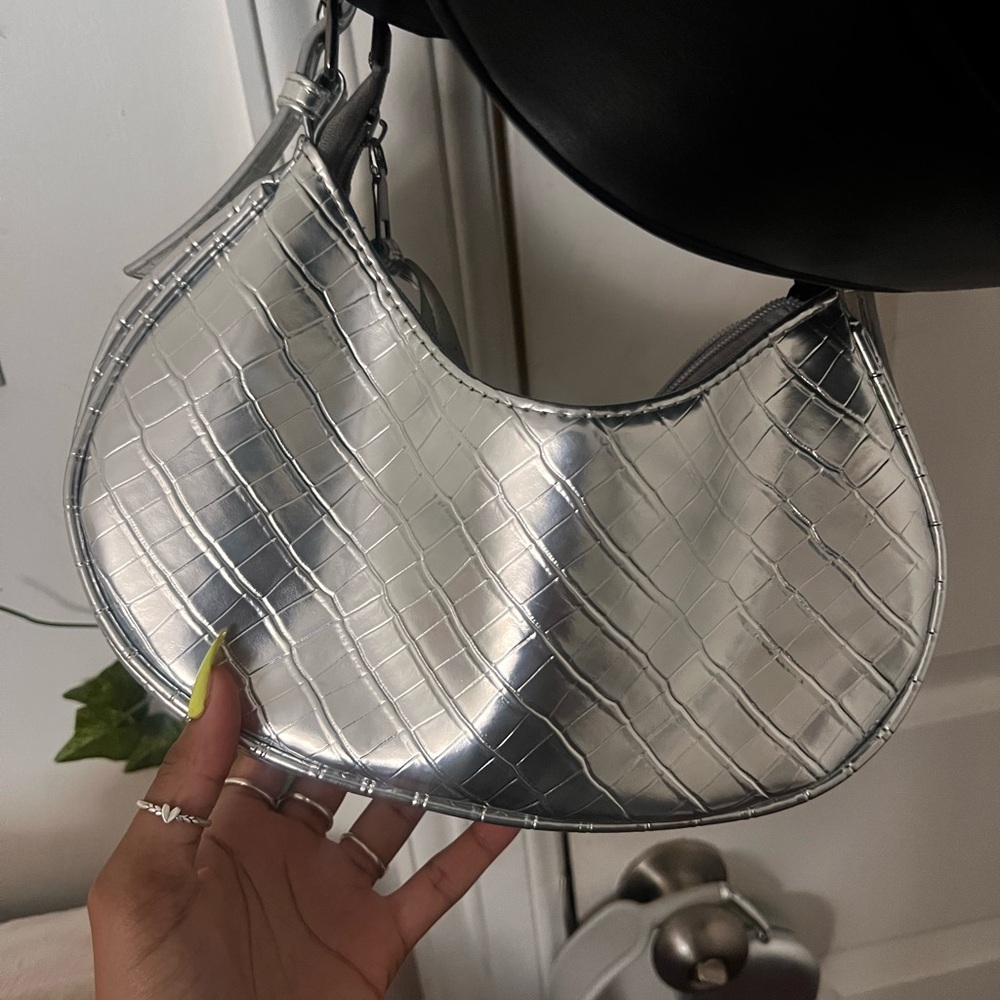 Silver Croc-Embossed Crescent Shoulder Bag - Women's Bag